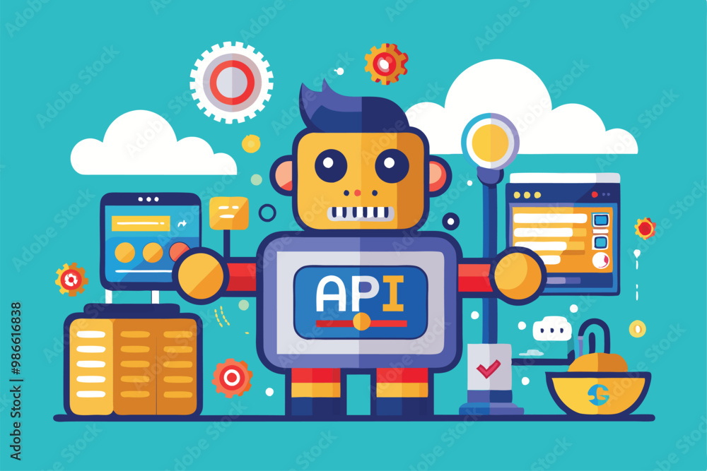 Poster a colorful robot stands proudly among charts and tools, showcasing its api integration capabilities 