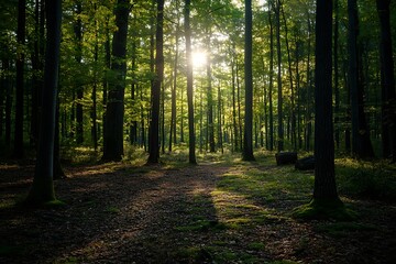 Fototapeta premium Sunlight shining through trees in a forest, nature background