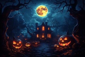 Fototapeta premium Halloween pumpkin head jack lantern with burning candles, Spooky Forest with a full moon and wooden table, Pumpkins In Graveyard In The Spooky Night - Halloween Backdrop.