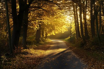 Fototapeta premium Autumnal Forest Path with Golden Sunlight and Fallen Leaves