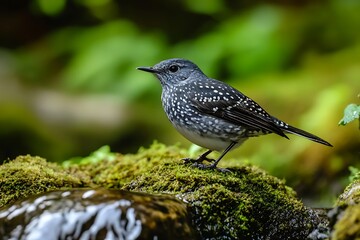 Blue and white spotted bird on moss covered rock by stream