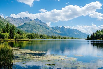 Scenic mountain lake with blue sky and clouds reflecting on the water