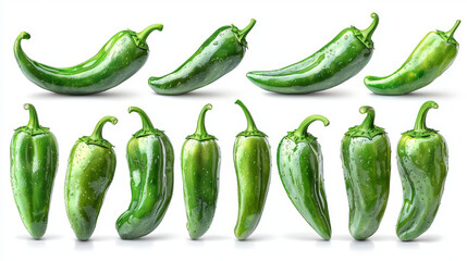 Green peppers arranged in a row on a white background.