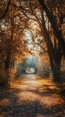 Obraz premium Sunbeams shining through autumn trees in forest with path leading into distance. Golden light creates a warm and peaceful atmosphere.