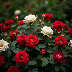 Obraz premium Lush Red and White Roses Blooming in Romantic Garden Setting