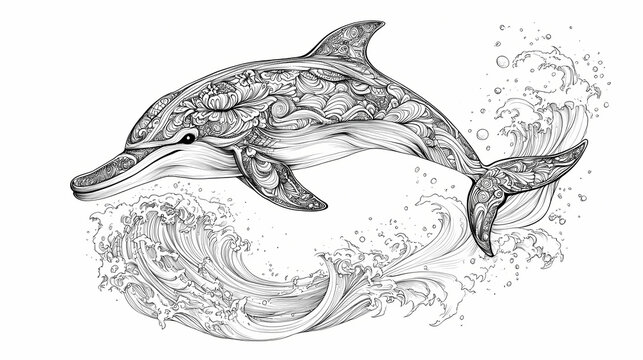 Hand drawn zentangle dolphin with a sea wave that scrolls for an adult coloring book. generative ai. Zentangle. Illustration