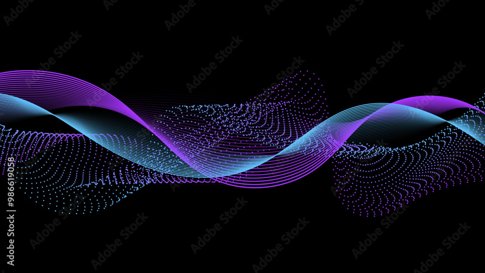 Aufkleber Abstract waves of flowing dots particles and wavy lines pattern isolated on black background. Vector liquid wave in concept of AI technology, sound mixer, equalizer, modern science.
