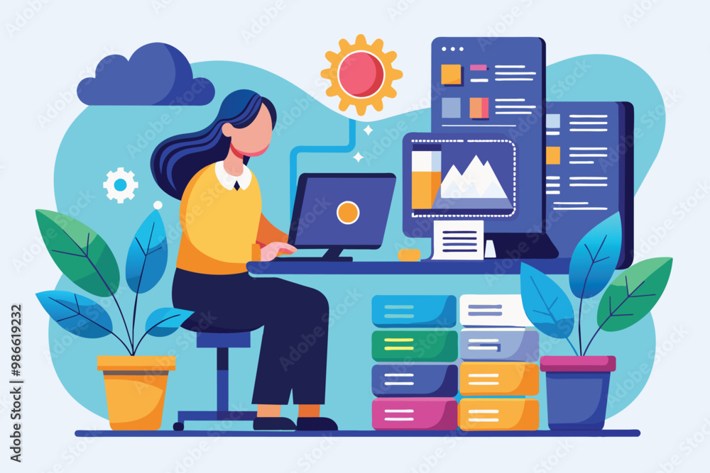 Poster a person works at a desk, focusing on backing up data while surrounded by plants and colorful storag