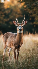 Naklejka premium White tailed deer standing in a field of tall grass with antlers and big ears
