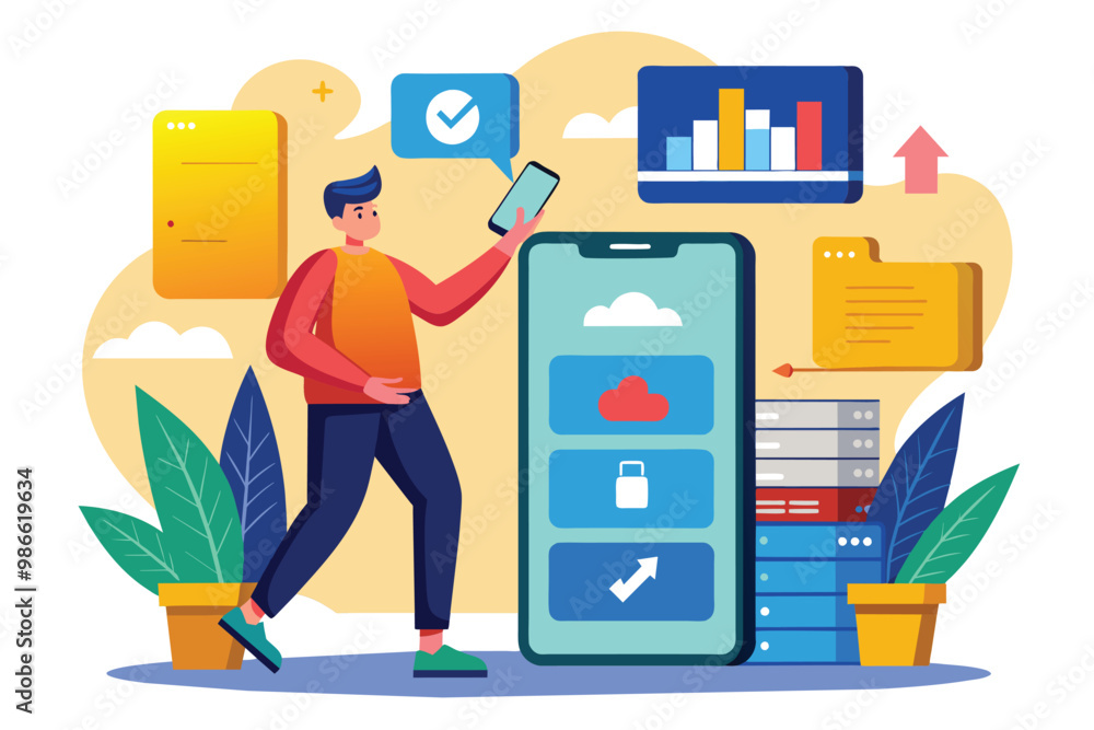 Poster a user backs up mobile data using cloud technology surrounded by digital storage elements and graphs