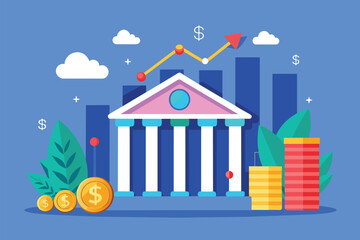 Fototapeta premium A bank building with a money growth chart in front, featuring coins and vibrant foliage, Bank's money growth chart, flat illustration