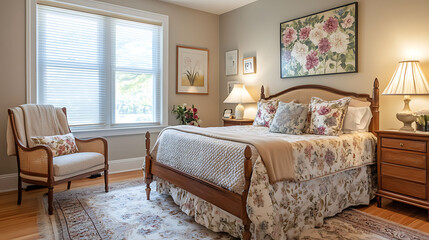 Welcoming guest room with comfortable furniture floral wall art and a serene atmosphere ensuring a pleasant stay