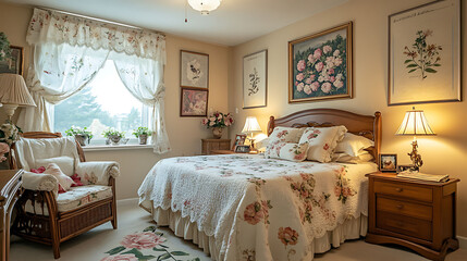 Charming Guest Room Featuring Plush Furniture, Botanical Wall Art, and a Tranquil Atmosphere for Guest Comfort