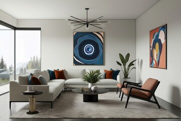 Inviting Minimalist Living Space with 3D Visualization of Modern Artwork Decor