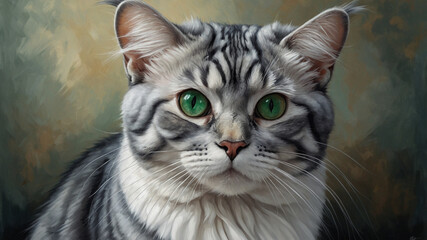 Obraz premium fluffy Chinchilla cat, its fur a shimmering blend of silver and white, effortlessly elegant and poised. regal aura and soft, cloud-like coat. The emerald green eyes gaze