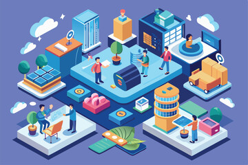 Obraz premium A vibrant isometric illustration showcases multiple business activities with diverse figures and settings, Begin a customizable isometric illustration business project.