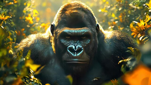 A powerful silverback gorilla cautiously leading its troop through dense jungle vegetation