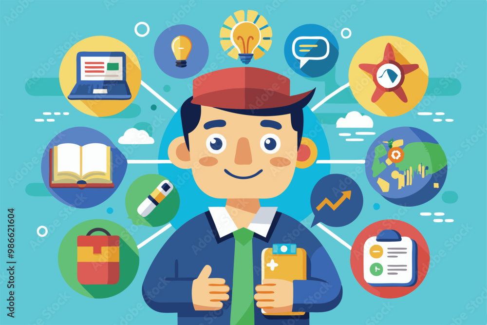 Poster a cheerful character holds a clipboard surrounded by various icons representing creativity and produ