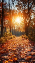 Fototapeta premium Sun shining through trees in autumn forest with path covered in leaves