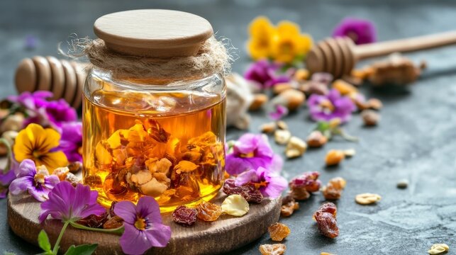 Translucent flowers in honey jar with fruit
