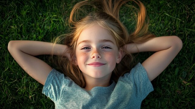 Girl (8-10) on grass, smiling portrait