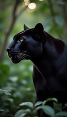 A stunning black panther in a lush green jungle, showcasing its elegance and strength while blending with its natural surroundings. Perfect for wildlife and nature themes.