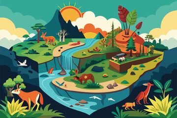 Colorful illustration highlights the effects of biodiversity loss, showcasing flora and fauna diversity, Biodiversity loss illustration