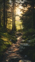 Obraz premium Sunlight Shining Through Trees in Forest Path