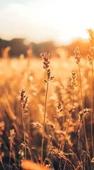 Fototapeta premium Golden Hour Grass Field with Sun Shining Through