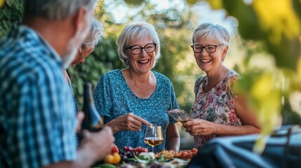 Senior friends BBQ on terrace.
