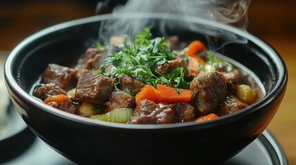 A steaming hot bowl of beef stew with tender chunks of meat, vegetables, and fresh herbs, smoke rising from the bowl.
