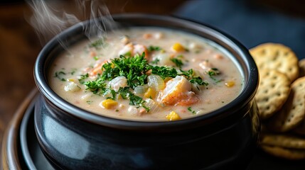 A steaming hot bowl of chowder with chunks of seafood, garnished with parsley and served with a side of oyster crackers.