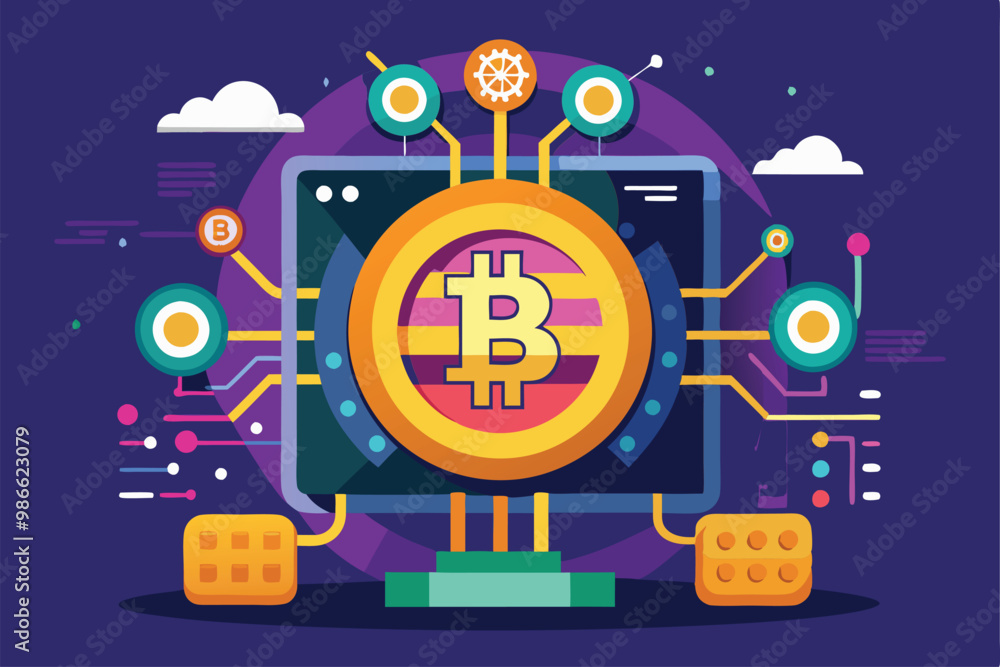 Aufkleber a visually striking digital design featuring bitcoin surrounded by colorful tech elements, bitcoin c