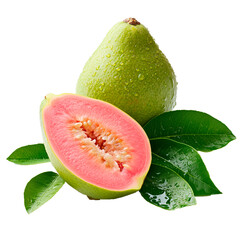 Freshly Picked Guava and Half, Isolated on White Background with Dew Drops, Highlighting Tropical Juiciness