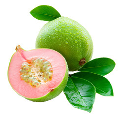 Freshly Picked Guava and Half, Isolated on White Background with Dew Drops, Highlighting Tropical Juiciness
