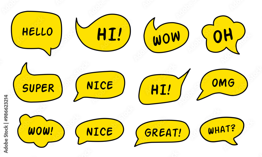 Poster brightly colored speech bubbles with expressions. abstract doodle speech bubbles with different phra