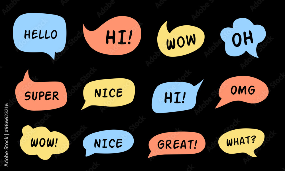 Poster brightly colored speech bubbles with expressions. abstract doodle speech bubbles with different phra