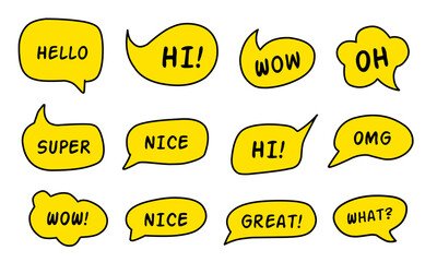Brightly colored speech bubbles with expressions. Abstract doodle speech bubbles with different phrases, text labels, and a blank mind cloud modern vector icon set. 
