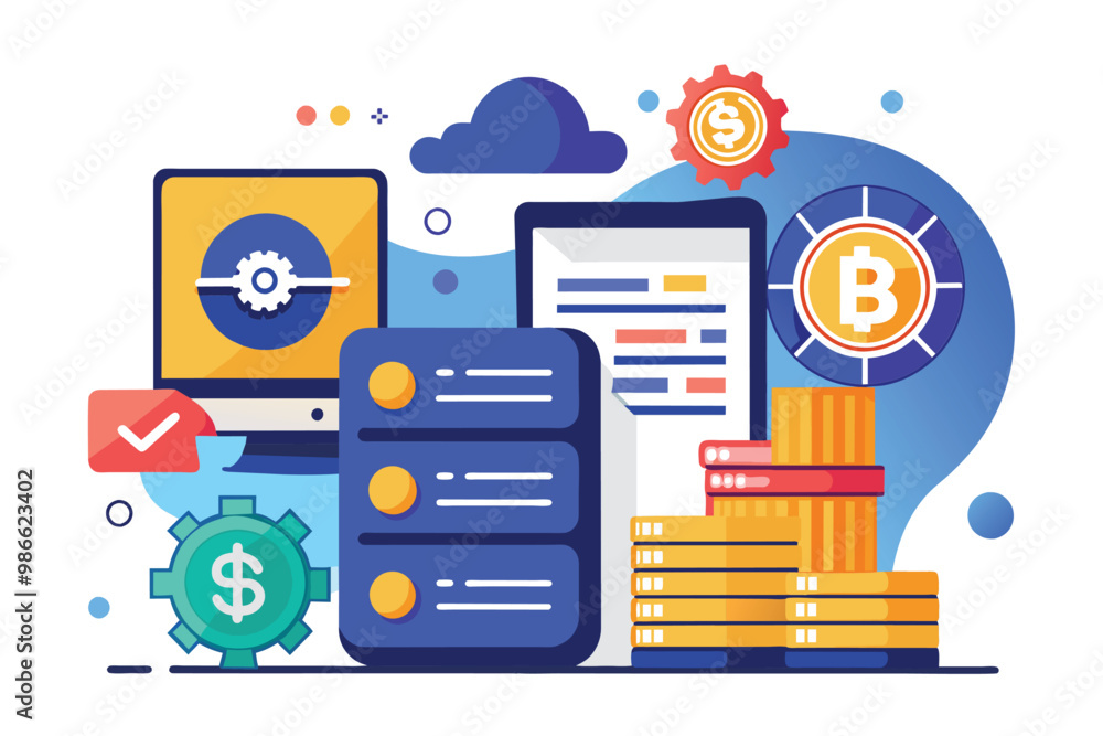 Poster illustration showcases various digital elements for managing bitcoin data and organizing document st