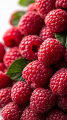 Close up of ripe red raspberries with green leaves.