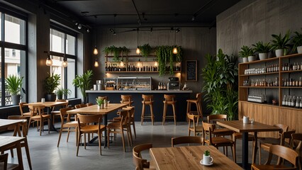 Spacious contemporary cafe with wooden tables and chairs, adorned with lush green plants. Ambient lighting creates a cozy atmosphere in this inviting dining space