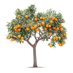 Lush orange tree with ripe oranges and healthy green leaves, isolated on a white background, a perfect representation of nature’s bounty and the freshness of citrus harvest