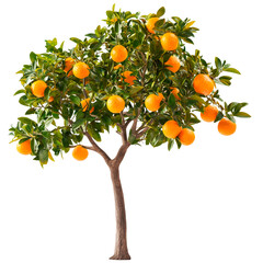 Vibrant orange tree with ripe fruit hanging from its lush green branches, isolated on a white background, perfect for showcasing the natural beauty and bounty of this iconic citrus tree