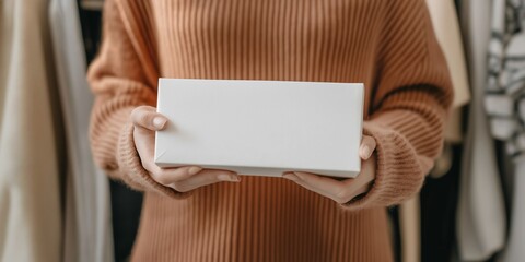 Fototapeta premium A woman is holding a white box in her hand. The box is wrapped in white paper and has a ribbon tied around it