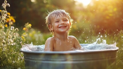 Little boy enjoys a playful bath outdoors.