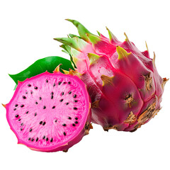 Ripe dragon fruit with a sliced half, displaying its white, seed-filled flesh and striking pink exterior, ideal for highlighting the natural sweetness and vibrant colors of this unique tropical delica