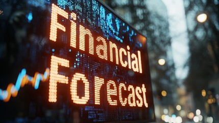 Futuristic Financial Forecast Concept with 3D Text on Electronic Display and Predictive Graphs