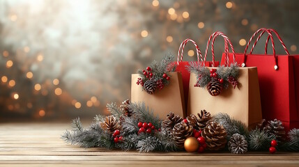 Festive gift bags with pine cones, berries, and frosted branches on a wooden surface. This image is great for promoting holiday shopping, Christmas sales, or special winter promotions