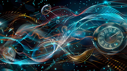 Layered flowing waves of digital lines and gradients merging into abstract representations of clocks timepieces and hourglasses suggesting a fluid non linear passage of time 