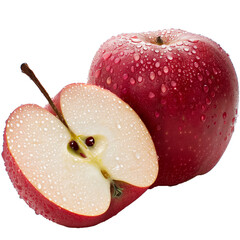 Fresh red apple and juicy half with glistening dewy drops, vibrant red skin, and crisp white flesh, accented by green leaves, perfect for a refreshing, nature-inspired fruit display